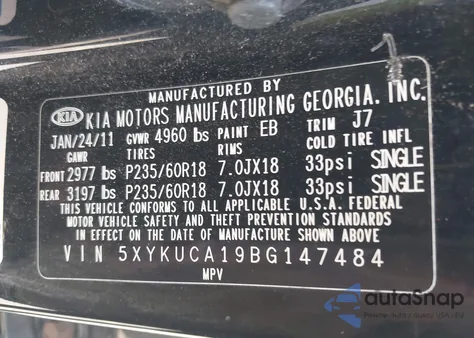 2011 Kia Sorento Ex z USA, uszkodzony, nr VIN 5XYKUCA19BG147484